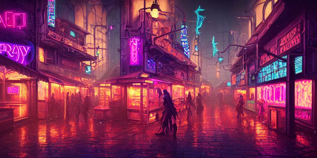 Image similar to fantasy medieval cyberpunk townscape, rain, neon signs, shops, arcade, market, nightclub, weaponsmith, blacksmith, armorer, floating vehicles, people, cinematic establishing shot, purple teal blue white pink orange color scheme, sharp focus, very realistic, photorealistic, intricately detailed, finely textured, cgsociety