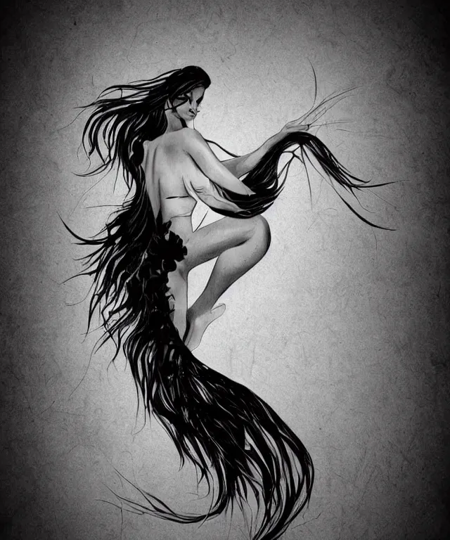 Prompt: black and white illustration, creative design, dark fantasy, fine art, beautiful mermaid, full body, swimming in ocean, fish tail bikini top flowing hair