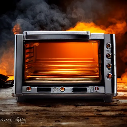 Image similar to toaster oven suspended by lots of metallic cables, symmetry, dark messy smoke - filled cluttered workshop, dark, dramatic lighting, orange tint, sparks, cinematic, highly detailed, sci - fi, futuristic, movie still