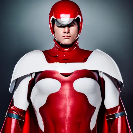 Image similar to headshot of a tall athletic muscular infantry man in glossy sleek white armor with tiny red details and a long red cape, heroic posture, strong jawline, on the surface of mars, night time, dramatic lighting, cinematic, sci-fi, hyperrealistic