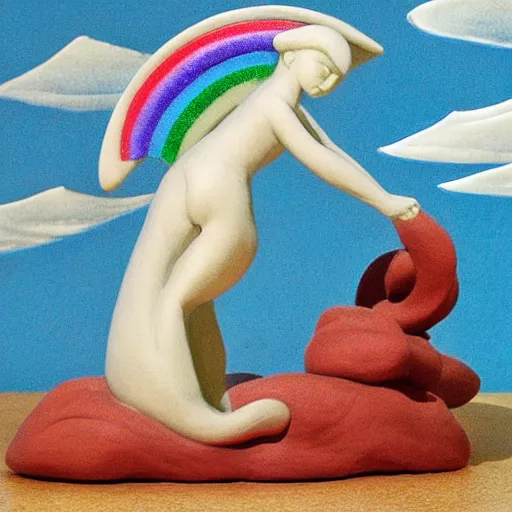 Prompt: clay model statue flowing rainbow cat by susan herbert and hiroshige ii and theophile steinlen and louis wain and min zhen and arthur rackham and pierre bonnard and bonnie mclean and wes wilson, 8 k, artstation