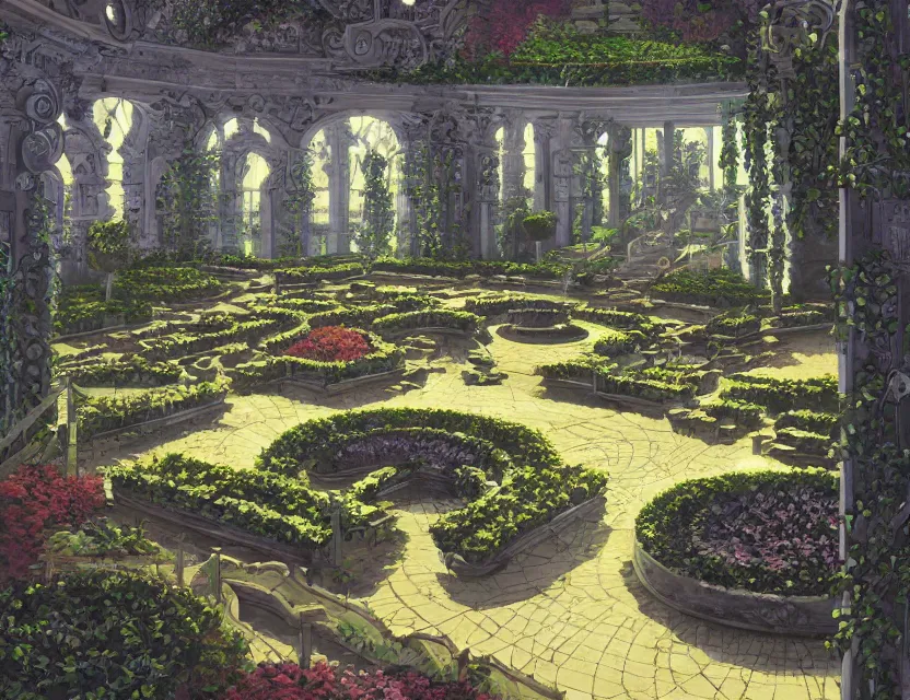 Image similar to french formal garden in a space fortress. this oil painting by the award - winning mangaka has dramatic lighting, an interesting color scheme and intricate details.