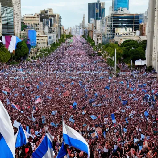 Image similar to Lady Gaga as president, Argentina presidential rally, Argentine flags behind, bokeh, giving a speech, detailed face, Argentina