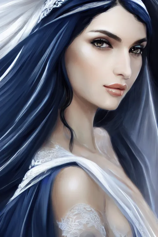 Image similar to Ameera al-Taweel, blue eyes, long wavy black hair, , white veil, closeup, focus face, elegant, highly detailed, centered, digital painting, artstation, concept art, art by artgerm