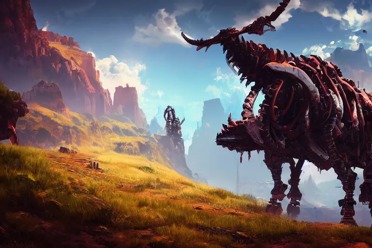 Image similar to grimhorn fanghorn machine mecanical creature robot of horizon forbidden west horizon zero dawn bioluminiscence global illumination ray tracing hdr fanart arstation by ian pesty and alena aenami artworks in 4 k