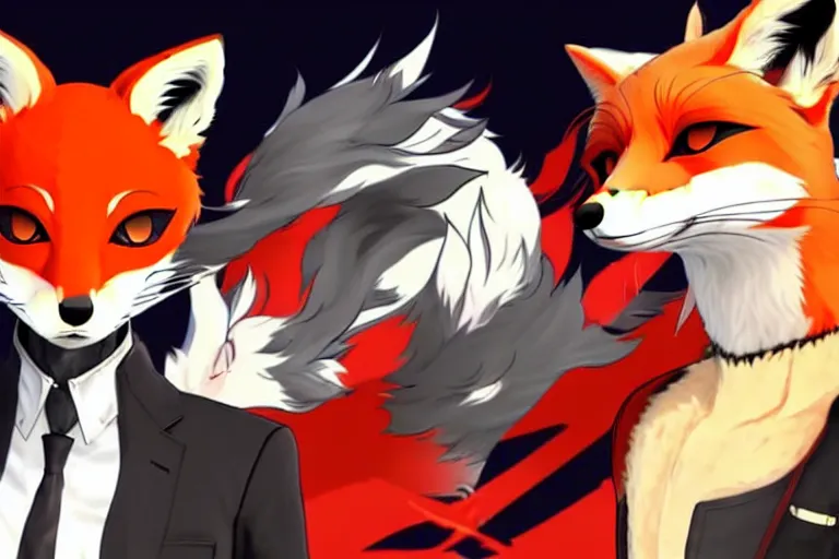 Image similar to a furry tan male fox on a persona 5 : royal ( by atlus ) video game splash screen, a furry male sandcolored tan fox fursona ( has hair ), persona 5 phantom thief style