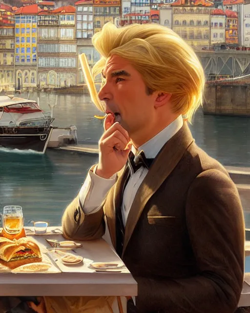 Image similar to Portrait of a blonde lady and Michael mcintyre eating ice burgers in Porto waterfront,real life skin, intricate, elegant, highly detailed, artstation, concept art, smooth, sharp focus, art by artgerm and greg rutkowski and alphonse mucha