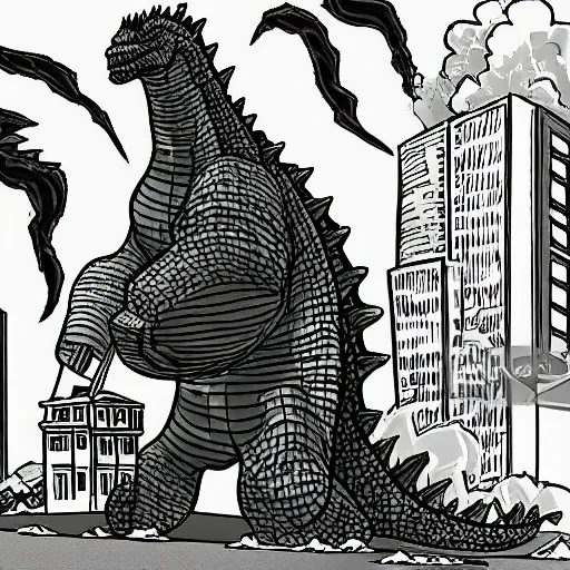 Image similar to godzilla cartoon style, with one hand destroys the city, with the other one eats cake