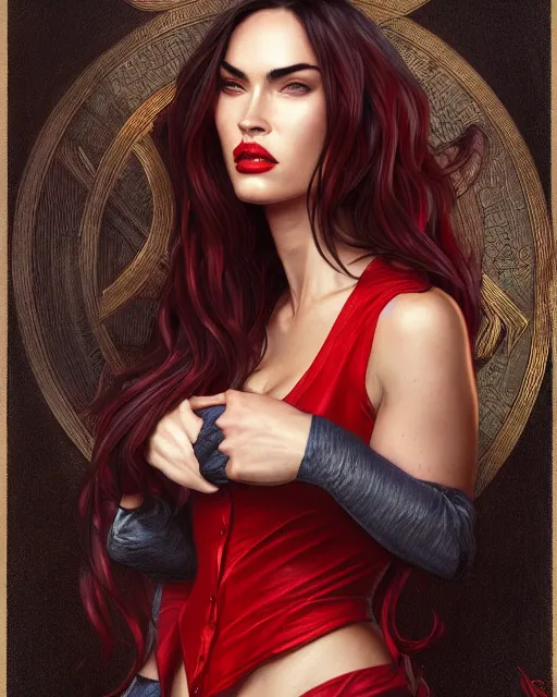 Image similar to megan fox vampire, perfect face, gold waistcoat, red shirt, long grey hair, red necktie, cinematic, stunning, highly detailed, digital painting, artstation, smooth, hard focus, illustration, art by artgerm and greg rutkowski and alphonse mucha