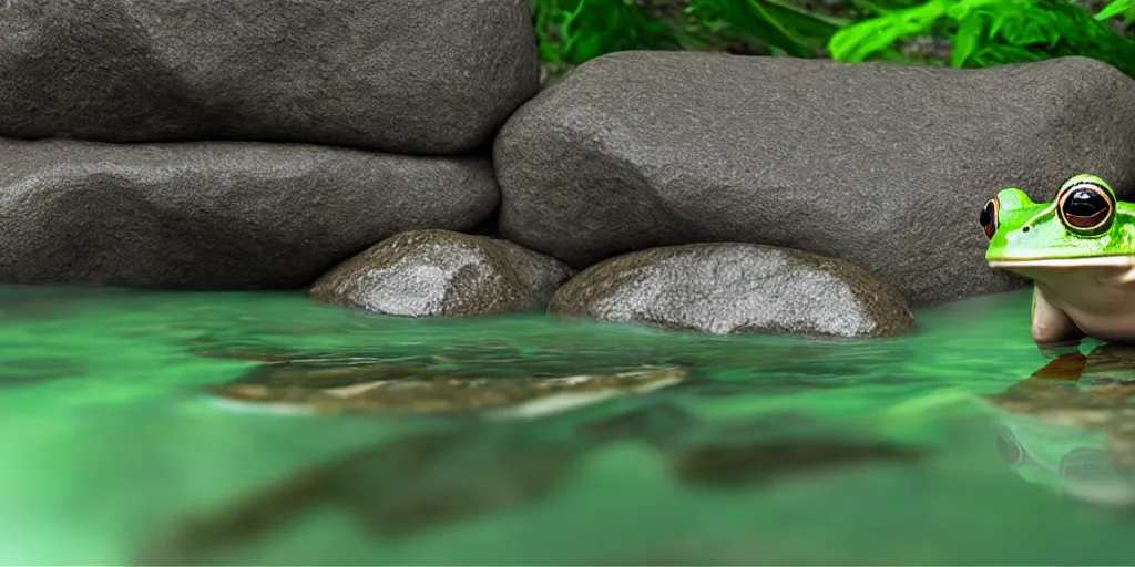 Image similar to A frog sitting on a glistening creek rock, flowing clear water creek bed, photorealistic 3D artwork.