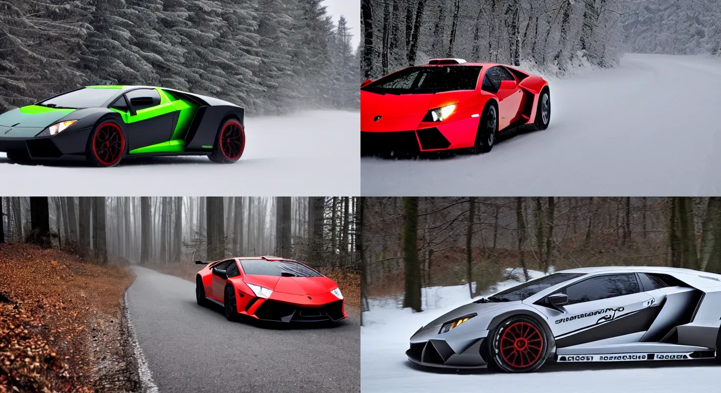 Prompt: a 2 0 1 0 lamborghini sesto elemento, racing through a rally stage in a snowy forest