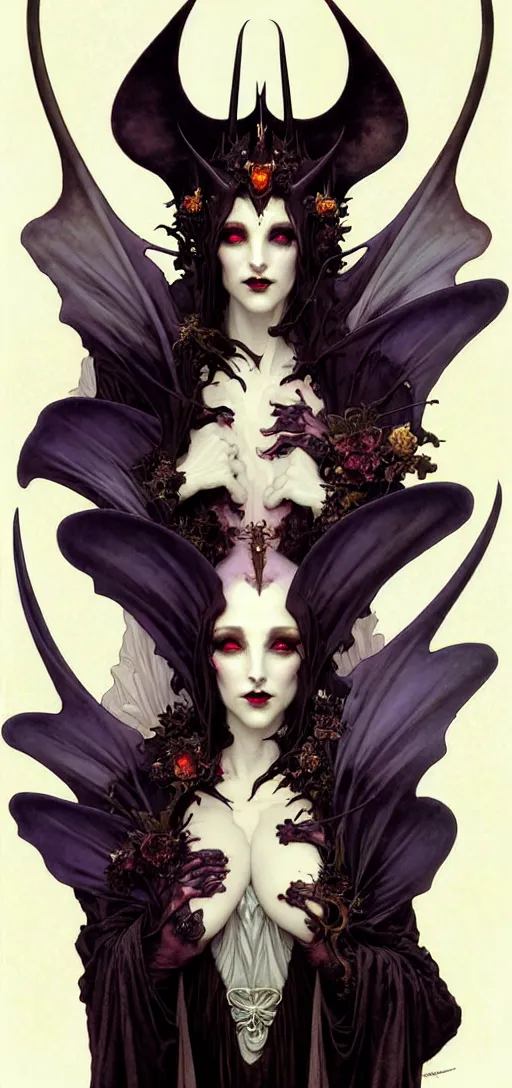 Image similar to close up painting a beautiful vampire queen in gothic robes with bat wings, by nekro, peter mohrbacher, alphonse mucha, brian froud, yoshitaka amano, kim keever, victo ngai, james jean