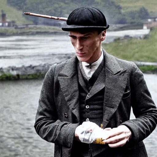 Image similar to “thomas shelby from peaky blinders, smoking a cigarrette and looking at the river”