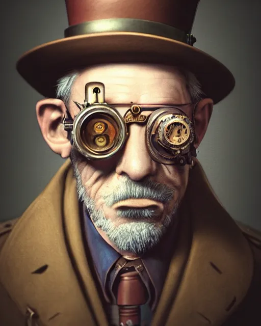 Prompt: steampunk old man portrait, handsome, steampunk hat, detective coat, steampunk monocle, smoking pipe, hyper realistic 3 d render by ilya kuvshinov, peter mohrbacher, greg rutkowski, ryohei hase, dramatic lighting, intricate, highly detailed, sharp focus, luminous, unreal engine, blender, deviant art, masterpiece, ray tracing