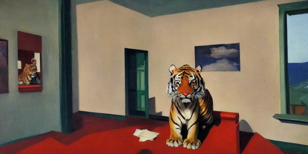 Image similar to a tiger in a suit, oil painting, by edward hopper