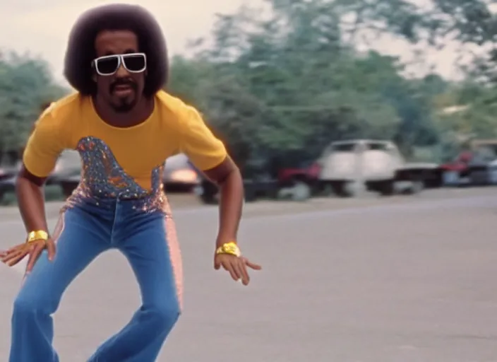 Image similar to film still of Stevie Wonder Rollerskating in the new Boogie Nights movie, 8k