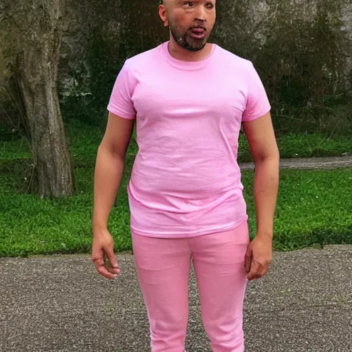 Image similar to bald skinny man in a pink t - shirt and pink pants, photo realistic