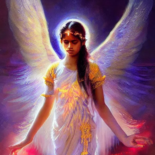 Prompt: Sri lankan girl as a winged angel covered in eyes with glowing halo, iridescent, seraphim, fantasy, intricate, elegant, highly detailed, digital painting, smooth, sharp focus, illustration,art by Daniel F. Gerhartz
