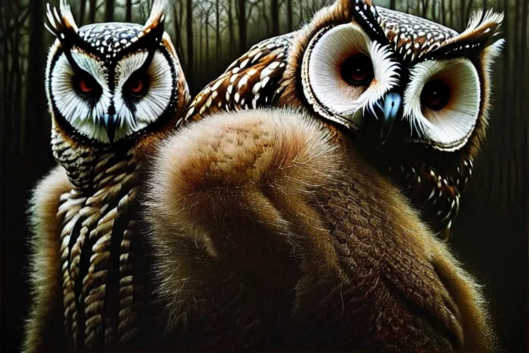 Image similar to photo, owls and coatis scene, woodland location, stefan kostic and david cronenberg, realistic, sharp focus, 8 k high definition, intricate, chiaroscuro, elegant, perfect faces, symmetrical face, extremely detailed, hypnotic eyes, realistic, fantasy art, masterpiece zdzislaw beksinski, artgerm