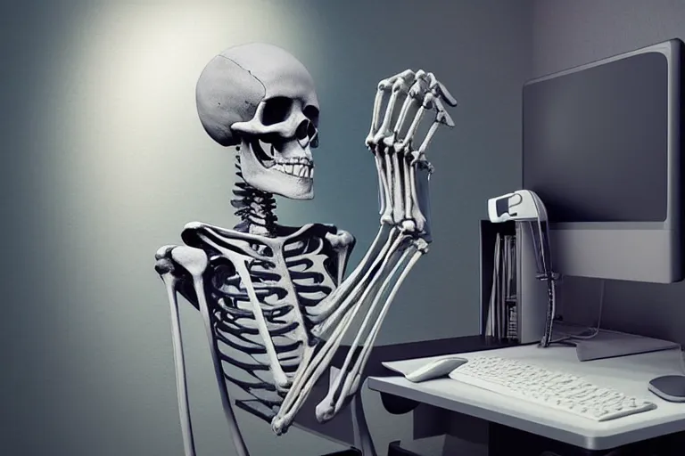 Image similar to human skeleton behind computer, dark atmosphere, fanstasy, digital art, very realistic, trending on artsstation, very detailed