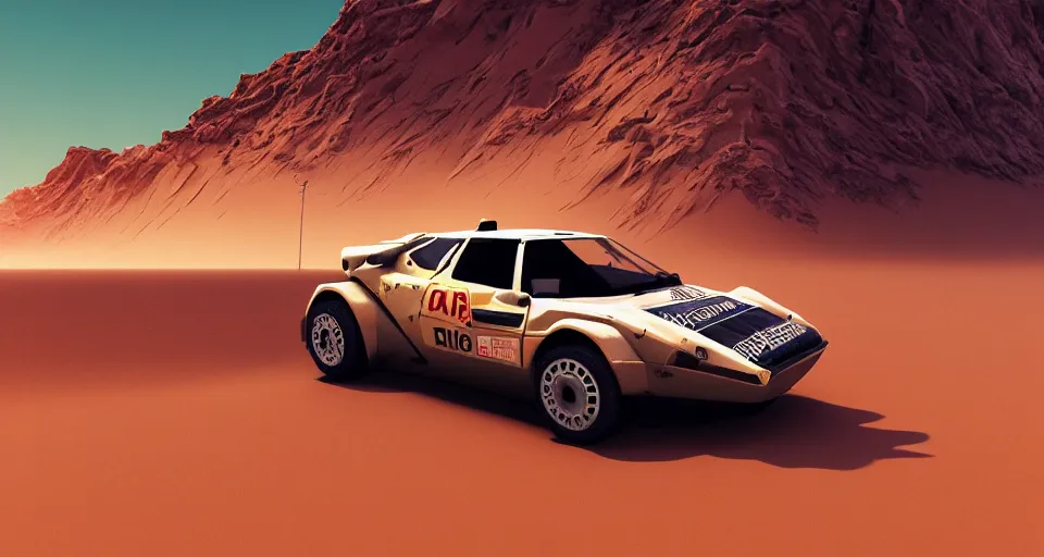 Image similar to Lancia Stratos Rally car Jumping over dunes in a desert, landscape, center composition, cinematic, rendered by simon stålenhag, rendered by Beeple, Makoto Shinkai, syd meade, environment concept, digital art, unreal engine, WLOP, trending on artstation, 4K UHD image, octane render,