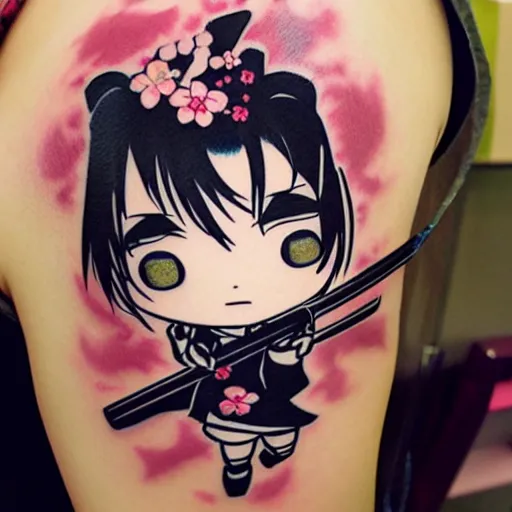 Prompt: japanese female samurai anime ninja schoolgirl, chibi, japanese anime girl Sakura flowers by Hayao Miyazaki, chibi ninja schoolgirl, kill me baby tattoo on upper arm