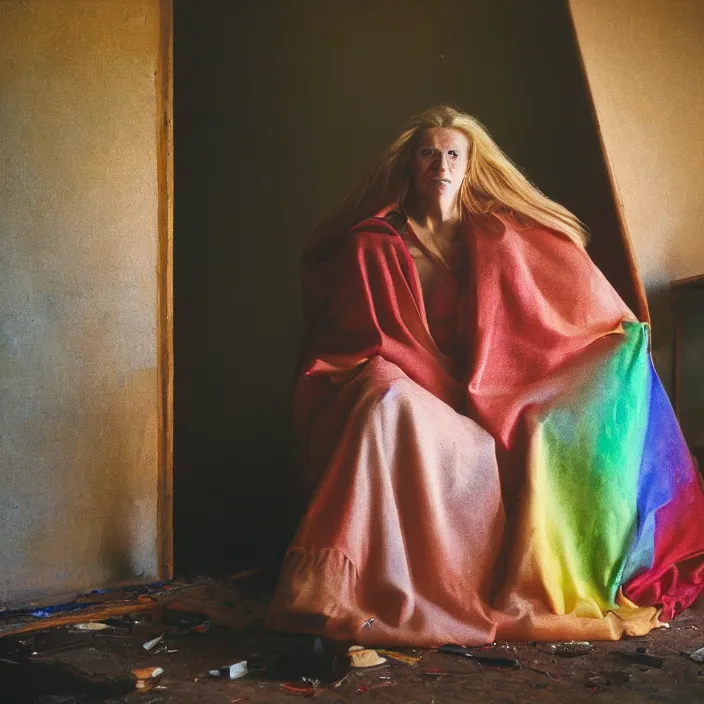 Image similar to closeup portrait of a woman with a cloak made of rainbows, sitting in a chair in an abandoned house, by Annie Leibovitz and Steve McCurry, natural light, detailed face, CANON Eos C300, ƒ1.8, 35mm, 8K, medium-format print