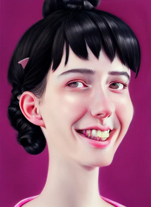 Image similar to portrait of high school girl, realistic, black hair, bangs, half updo hairstyle, pointy nose, skinny, smile, ugly, defined jawline, big chin, pink hair bow, earrings, intricate, elegant, glowing lights, highly detailed, digital painting, artstation, sharp focus, illustration, art by wlop, mars ravelo and greg rutkowski