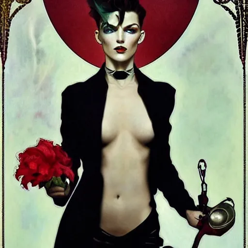 Image similar to beautiful portrait of androgynous ruby rose as desire from sandman in a white tuxedo!!!, rockabilly style, by alphonse mucha, cedric peyravernay, by jeremy mann, by frank moth, white suit and black tie, soft lightning, high detailed, 8 k