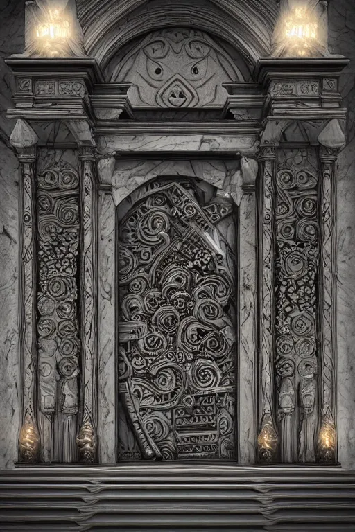 Image similar to ancient fantasy marble gate, neonpunk, mega structure, symmetric, intricate details, insanely detailed, insanely realistic, back lighting, 4 k, cinematic