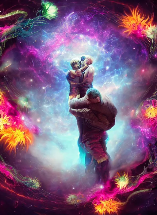 Image similar to An epic fantastic realism comic book style painting of the most beautiful entwined flowers launched across the dark galactic night sky, nebulous bouquets, fisheye lens, unreal 5, DAZ, hyperrealistic, octane render, dynamic lighting