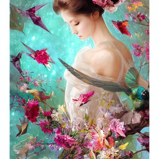 Image similar to 3 / 4 view of a beautiful girl wearing an origami dress, eye - level medium shot, fine floral ornaments in cloth and hair, hummingbirds, elegant, by eiko ishioka, givenchy, andrew atroshenko, by peter mohrbacher, centered, fresh colors, origami, fashion, detailed illustration, vogue, japanese, reallusion character creator