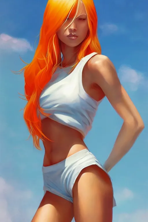 Image similar to a gorgeous woman with very long hip-length blonde hair, wearing a cut-off white top and orange cut-off shorts standing by the water, in the style of artgerm and moebius and annie liebovitz, marvel comics, photorealistic, highly detailed, trending on artstation