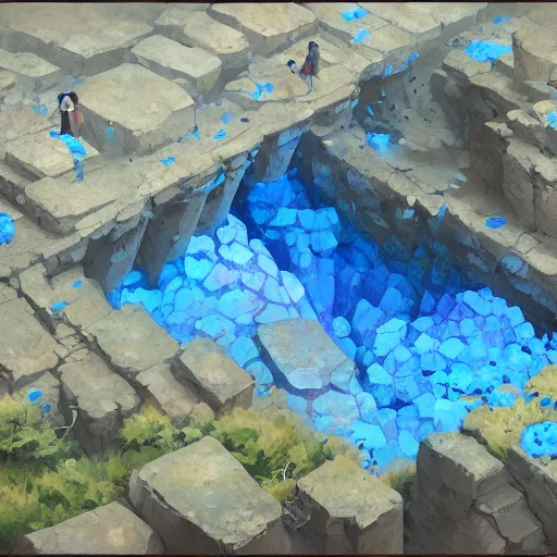 Image similar to concept art painting of a mineshaft with giant blue crystals, realistic, detailed, cel shaded, in the style of makoto shinkai and greg rutkowski and james gurney