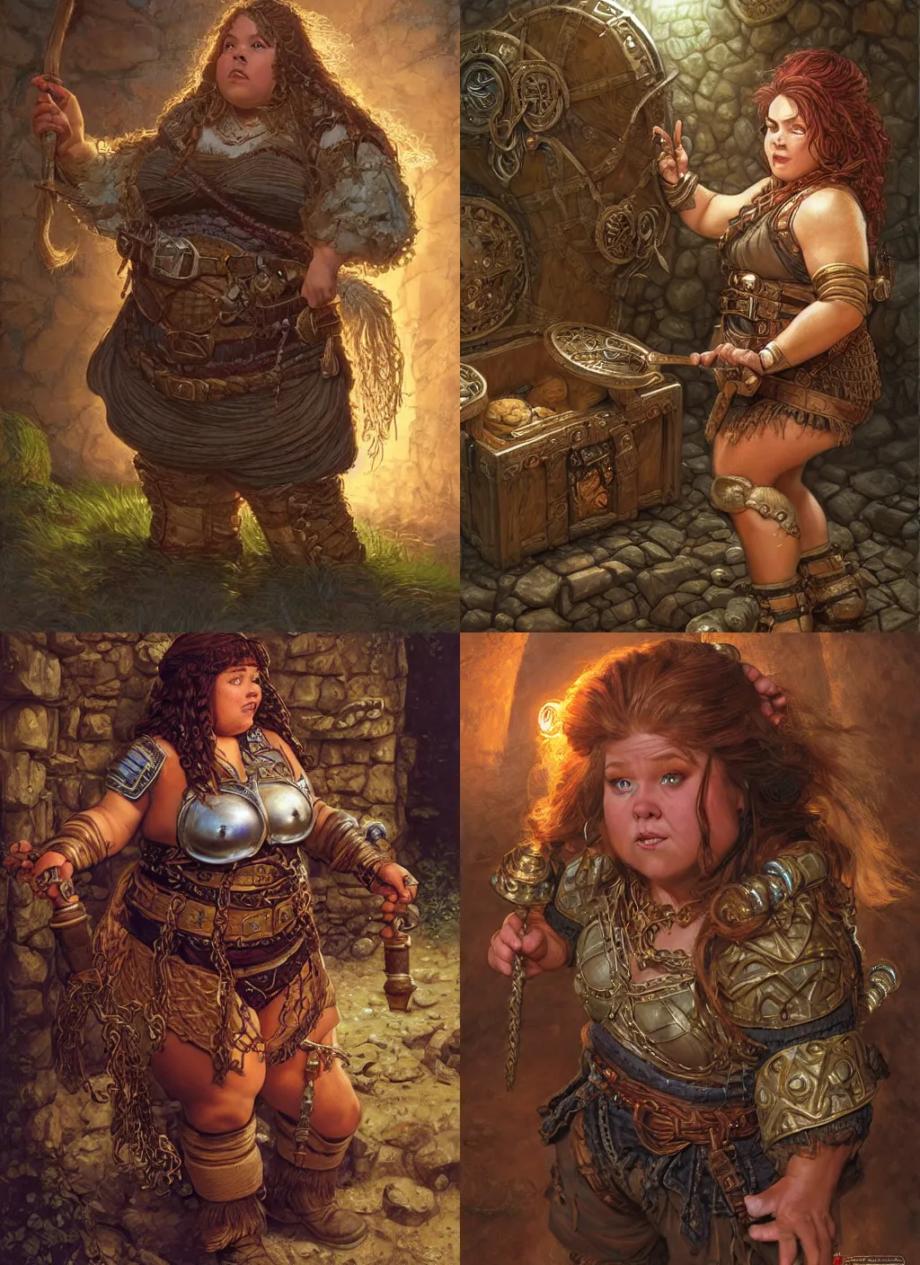 Prompt: illustration, chubby female dwarf adventurer opening a treasure chest, elaborate braided hair, short robust woman, style by donato giancola, wayne reynolds, jeff easley dramatic light, high detail, cinematic lighting, artstation, dungeons and dragons, dungeon,