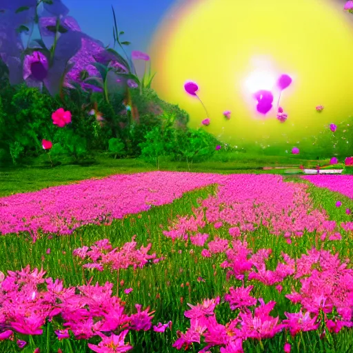Prompt: hd futuristic blissful idyllic landscape full of cgi flowers and blossoms blooming under a false bright pink sun, hd, hyperrealistic, hyper detailed