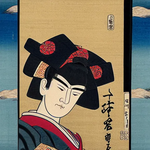 Prompt: Ukiyo-E portrait of Samurai Jeffrey Epstein