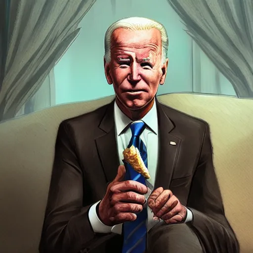 Prompt: joe biden holding a giant joint while sitting on a couch in a messed up apartment, stoned eyes, smoke, beautiful digital art, amazing detail, artstation, award winning, sharp