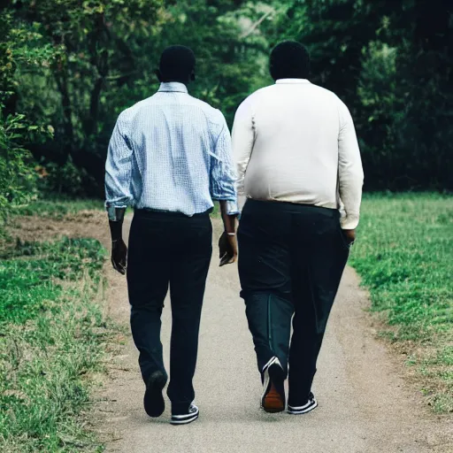 Image similar to a tall black man and a short white man walk together