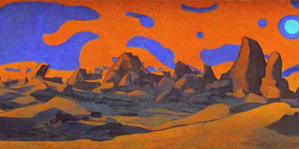 Prompt: martian landscape by nicholas roerich,