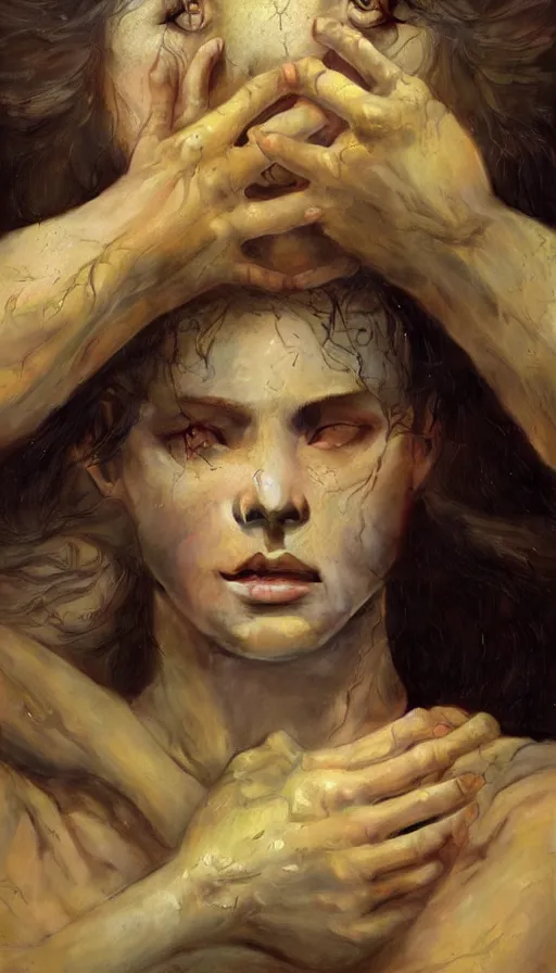 Image similar to epic masterpiece torment, drama, sweaty skin, hyperrealistic, octane render, cinematic, beautiful face and flawless skin, perfect hands, 5 fingers, yellow by Edgar Maxence and Ross Tran and Michael Whelan, Legends of Runeterra