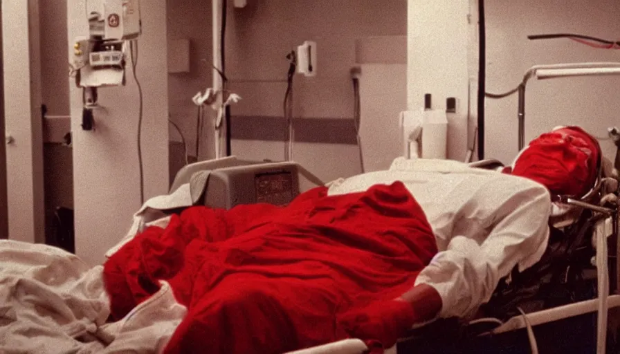 Prompt: 70s movie still of a man with red mask in hospital, eastmancolor, heavy grain, high quality, higly detailed, liminal space