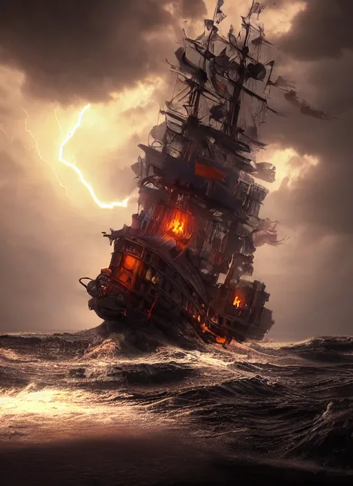 Prompt: huge lightning storm inside a bottle, little pirate ship in the horizon, dark background, volumetric lighting, unreal engine, ultra detailed, high resolution, by emmanuel shiu