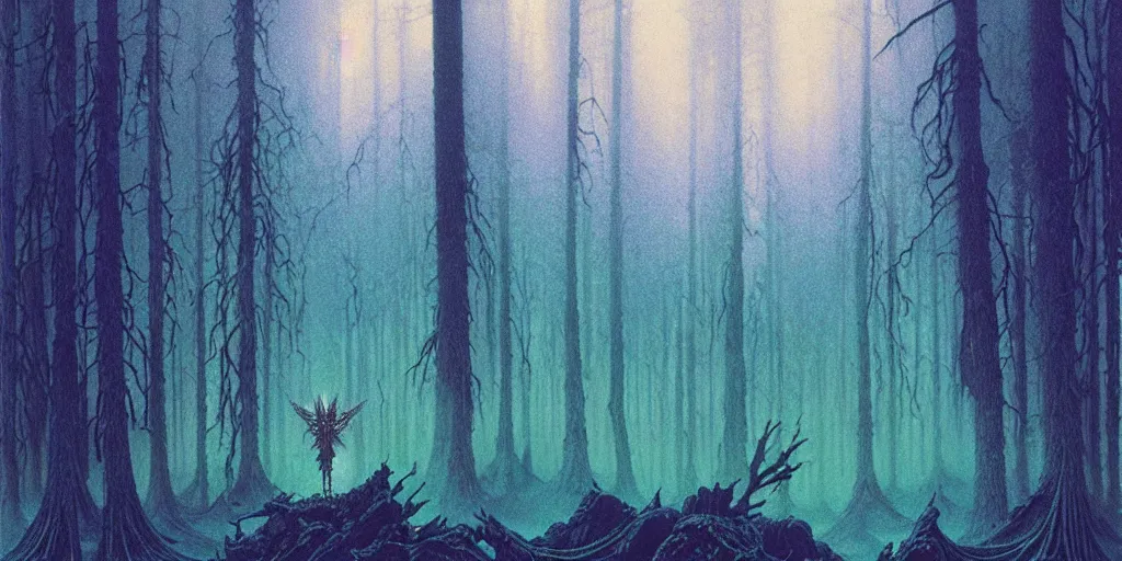 Image similar to grainy risograph matte painting of dark bejeweled huge botanical macabre paladin, atmospheric, densed foggy forest, omnious, epic composition, by moebius, hyperrealism, intricate detailed