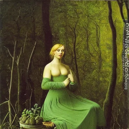 Prompt: painting by Caspar David Friedrich of a beautiful blonde woman with shoulder length hair in a forest green dress putting colorful succulents into rainbow pots at a square table