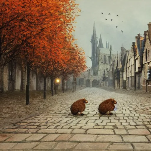 Prompt: 2 hedgehogs walking across the street next to eachother in Bruges, Belgium, in the style of Greg Rutkowski, autumn, evening, romantic