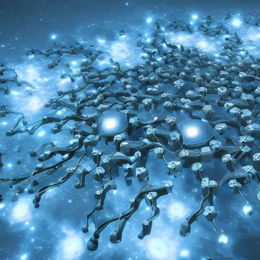 Image similar to army of interconnected neurons made of steel in space with hubble background, vray, 5 5 mm