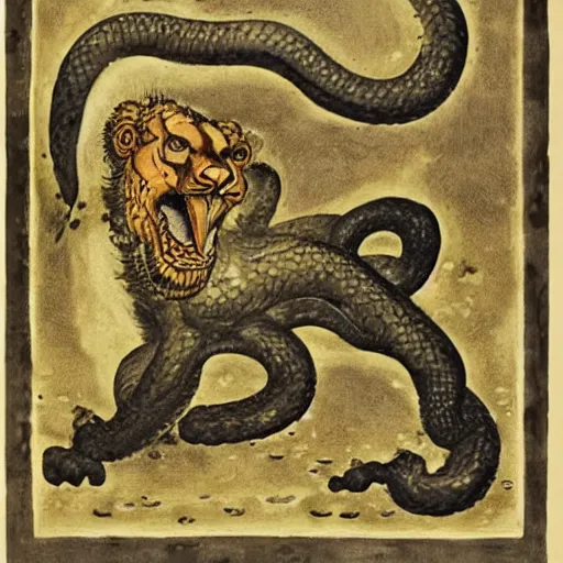 Image similar to the scaly maned serpentine lion-faced demiurge aquatint giotto