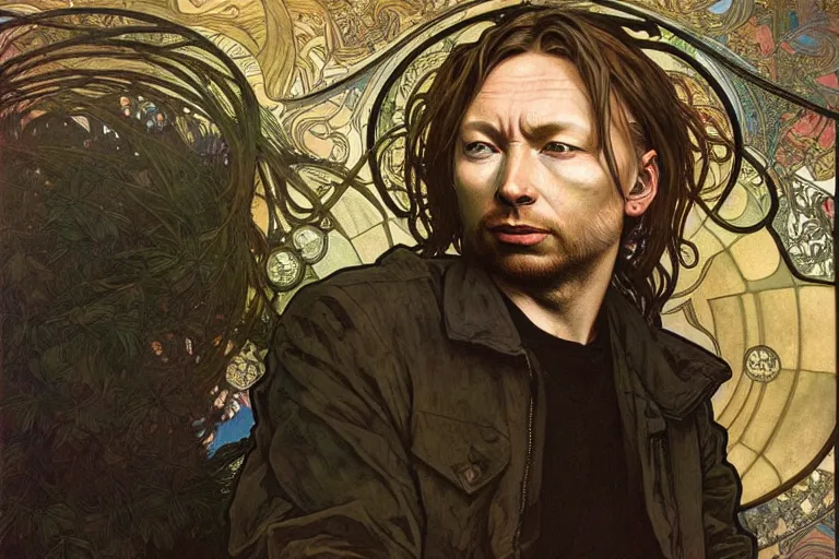 Image similar to hyper realistic portrait of singer songwriter, by lee bermejo, alphonse mucha and greg rutkowski, thom yorke
