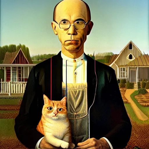 Image similar to fat orange tabby cat, man with afro in american gothic by grant wood